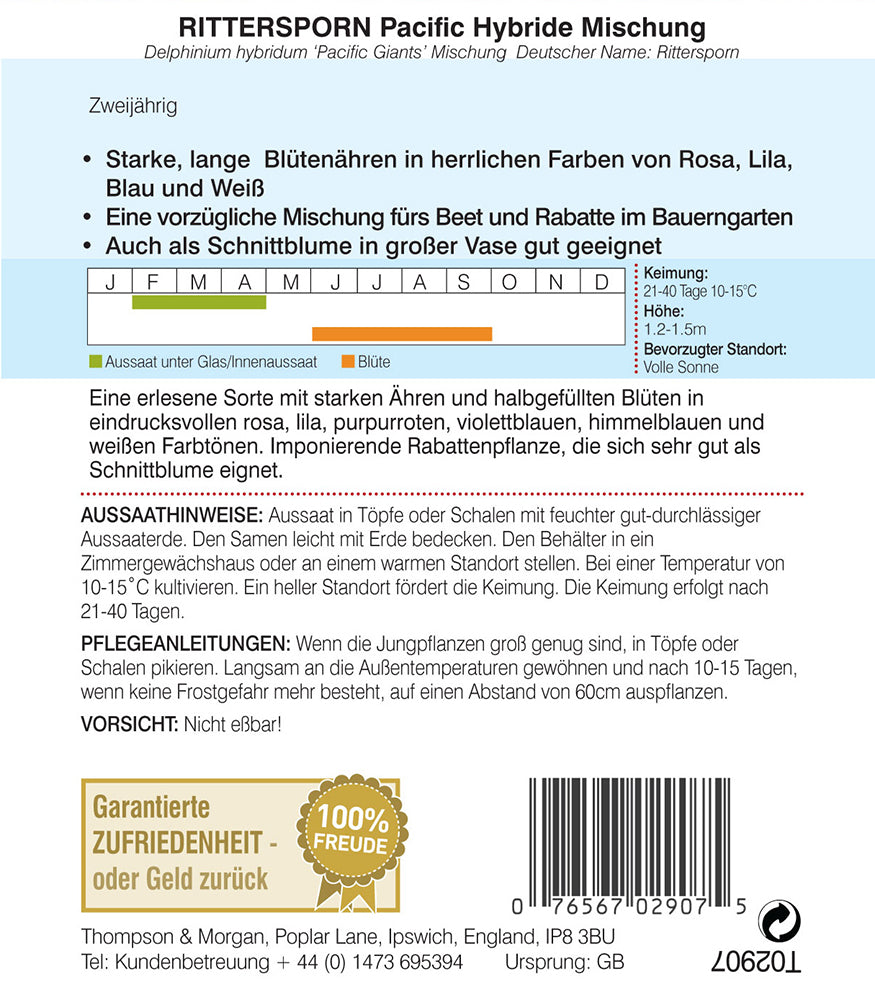 Saatgutpackung für Rittersporn Pacific Hybride Mischung von Thompson und Morgan. Enthält Pflanz-/Blühmonate, Pflegehinweise, Blütenfarben (rosa, violett, blau, weiß), Höhe (120-150 cm), Aussaatanleitung und Pflegetipps auf Deutsch.