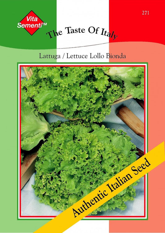 Saatgutpackung für Salat Lattuga Lollo Bionda von Thompson und Morgan, mit einem Foto von grünem Salat und einem Authentic Italian Seed-Banner über der italienischen Flagge. Ideal für Salate oder mit Zitronendressing; Text: Der Geschmack von Italien.