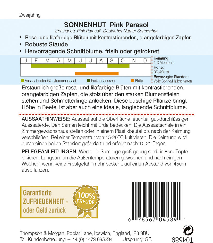Das Samenpäckchen von Thompson und Morgan enthält Sonnenhut (Echinacea) Pink Parasol mit großen, leuchtend rosa Blüten, Pflegetipps, Aussaatanleitung, Blühkalender und Symbolen für optimale Bedingungen. Perfekt als Schnittblumen- und Schmetterlingsmagnet.