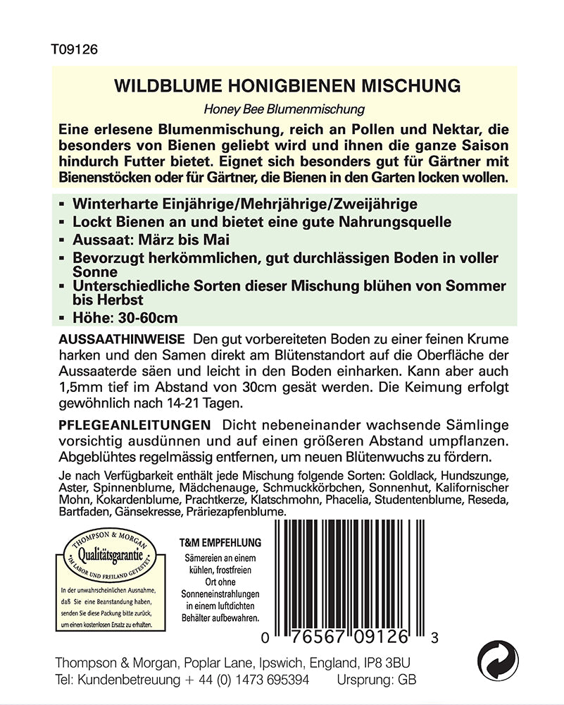 Ein Verpackungsetikett für Thompson und Morgans Wildblume Honigbienen Mischung in deutscher Sprache mit Angaben zu bienenfreundlichen Vorteilen, Aussaat-/Anbauanweisungen, Informationen zur Pflanzenhöhe und einem farbenfrohen Wildblumenbild.